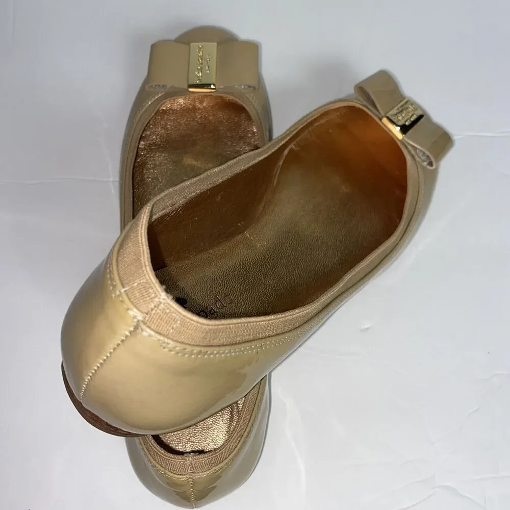 Kate Spade New York Patent Leather Ballet Flats Tan Bow Slip On Shoes 8.5 M